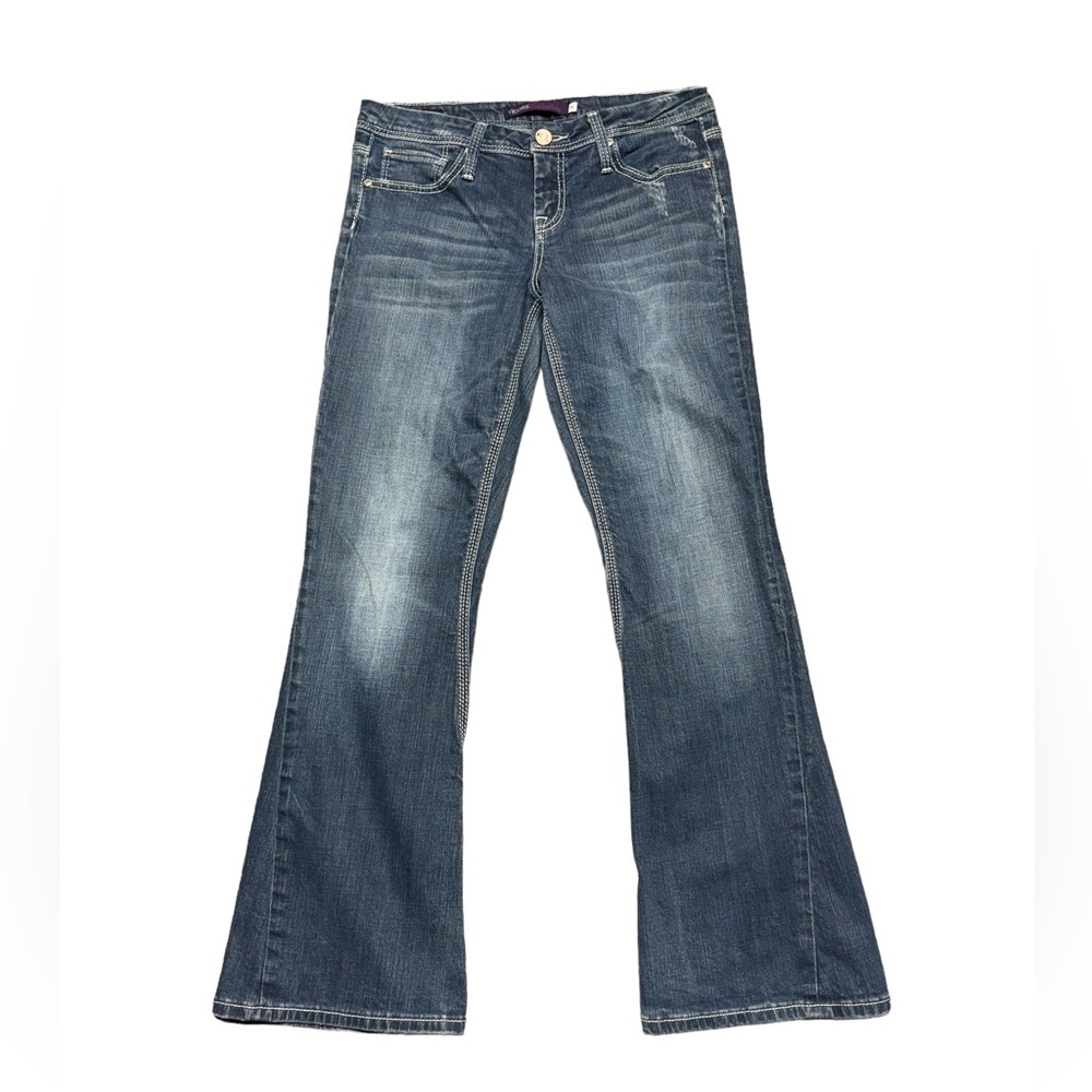 Vigoss Flare Jeans Womens Size 11 Denim‎ Blue Mid Rise Embroidered Twisted Hem